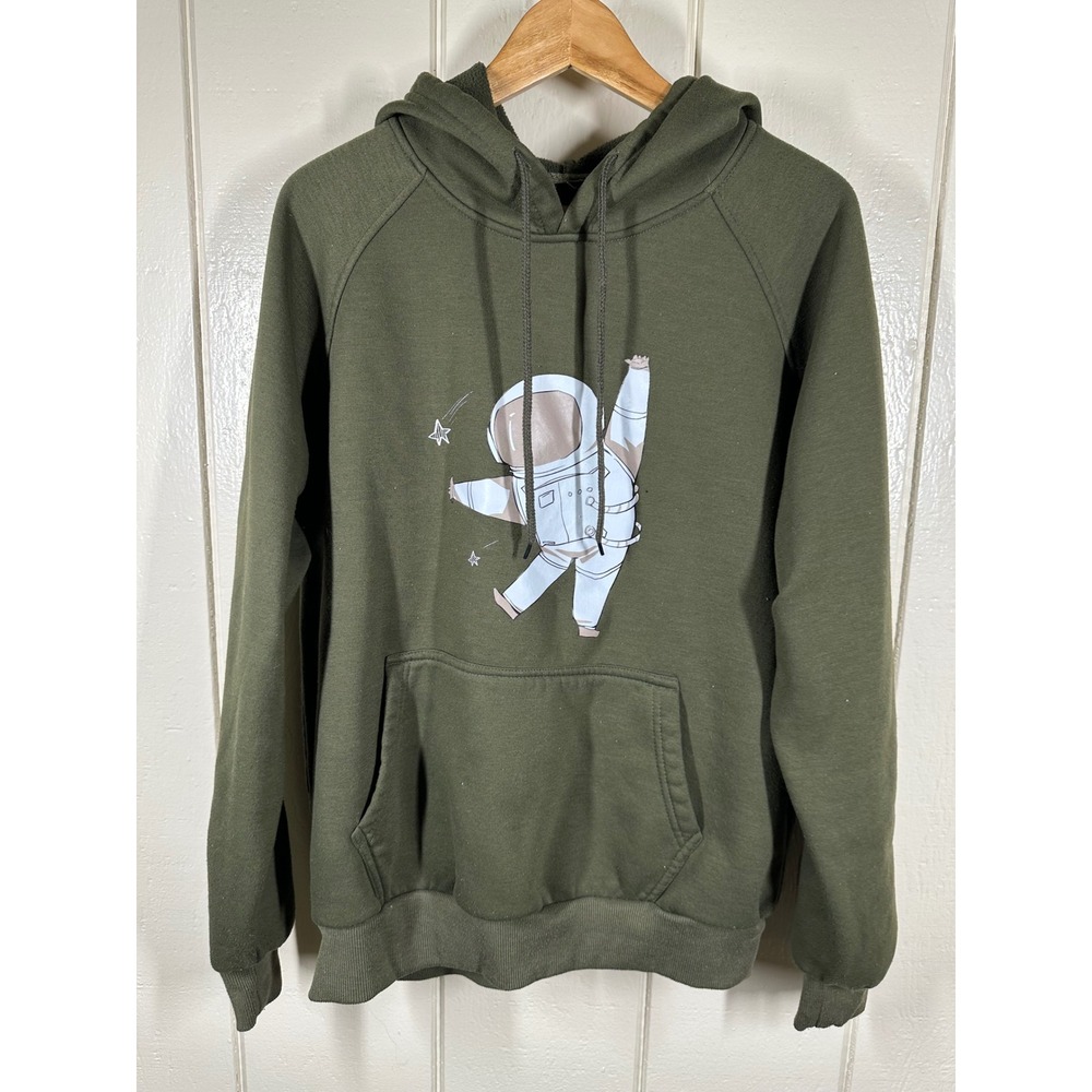 Romwe Hoodie Women L Green Astronaut Graphic Pullover Sweatshirt Casual 7504